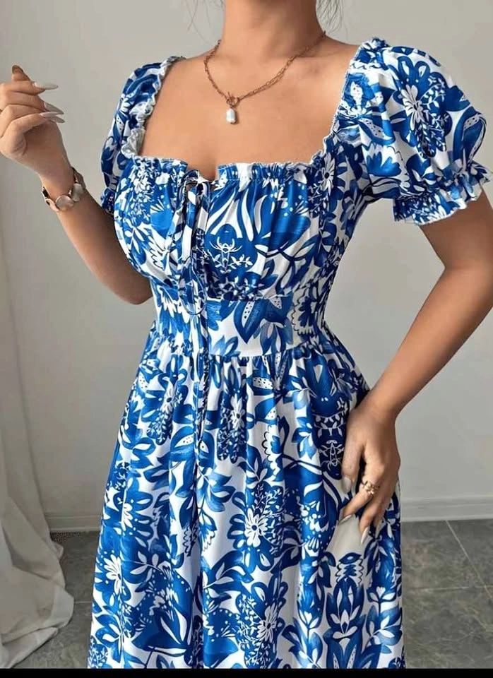 Cute Blue White Floral Maxi Dress Puff Sleeve