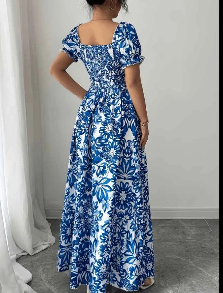 Cute Blue White Floral Maxi Dress Puff Sleeve - photo 2