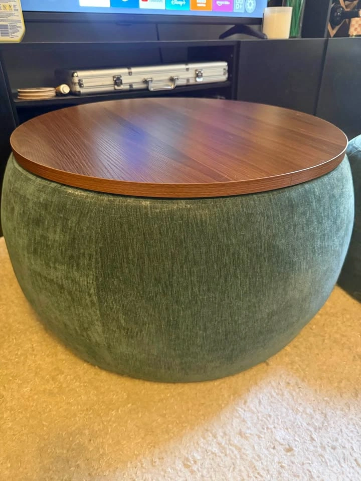 Round Upholstered Storage Coffee Table with Footstool