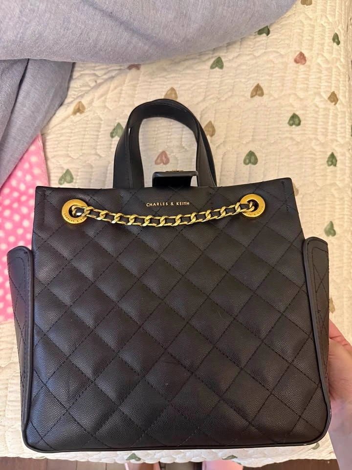 Charles & Keith Black Quilted Chain Tote Bag