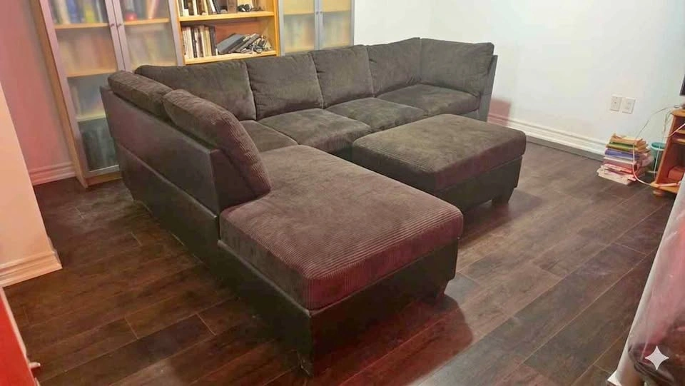 Dark Brown Corduroy Sectional Sofa with Storage Ottoman