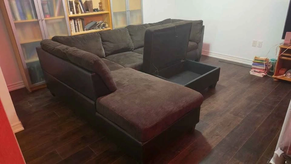 Dark Brown Corduroy Sectional Sofa with Storage Ottoman - photo 2