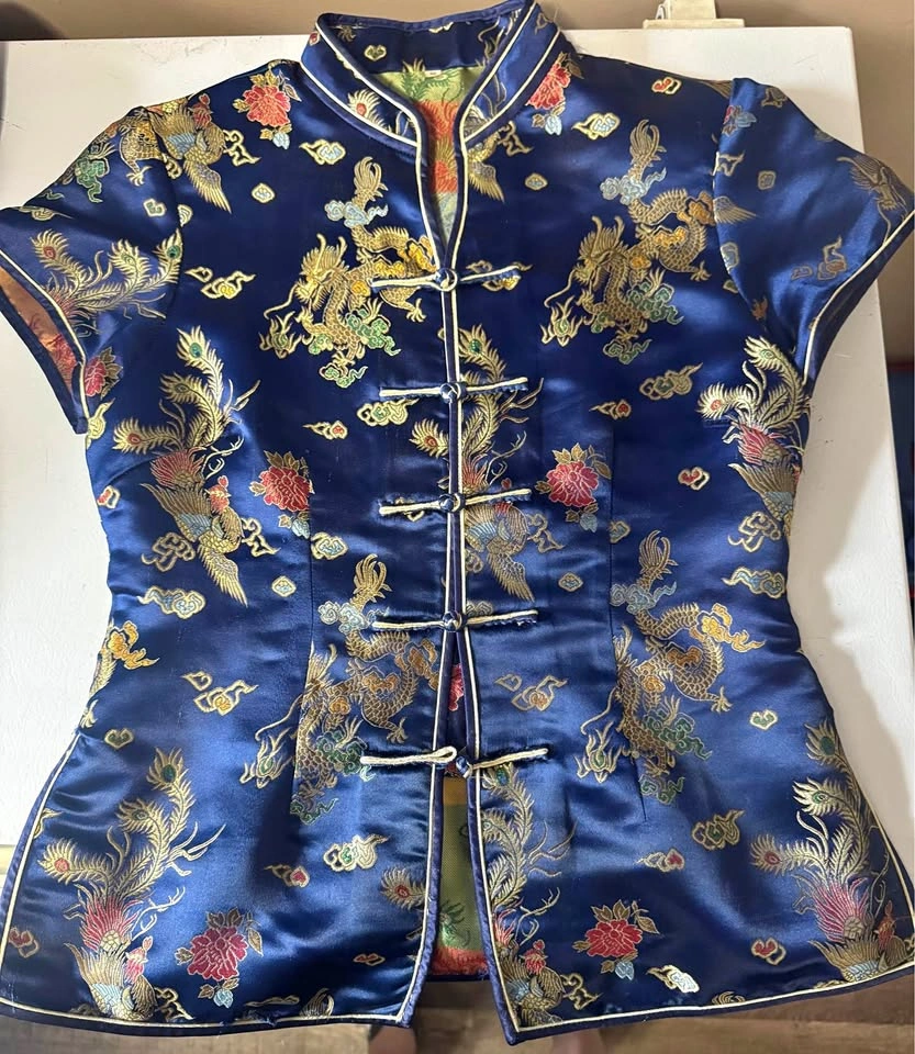 Navy Blue Dragon and Phoenix Cheongsam Top