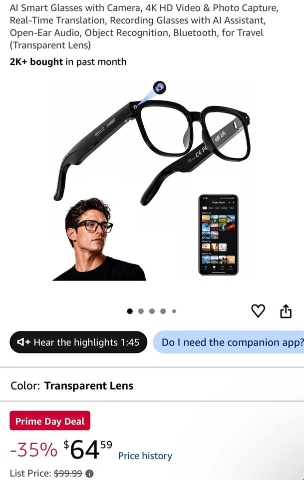 AI Smart Glasses with 4K Camera (Transparent Lens)