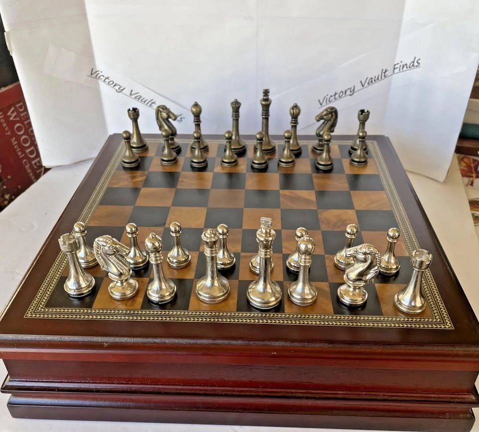 Deluxe Wooden Chess Box w/ Heavy Metal Chessmen