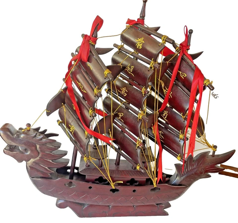 Vintage Chinese Carved Rosewood Dragon Sailboat Model