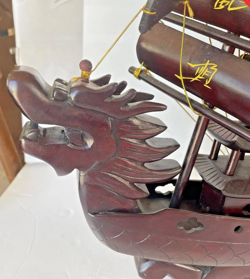 Vintage Chinese Carved Rosewood Dragon Sailboat Model - photo 2