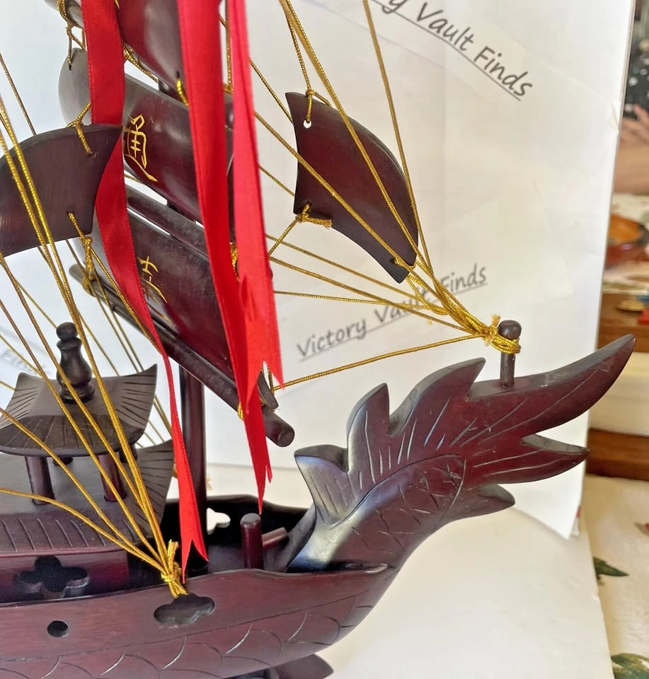 Vintage Chinese Carved Rosewood Dragon Sailboat Model - photo 5