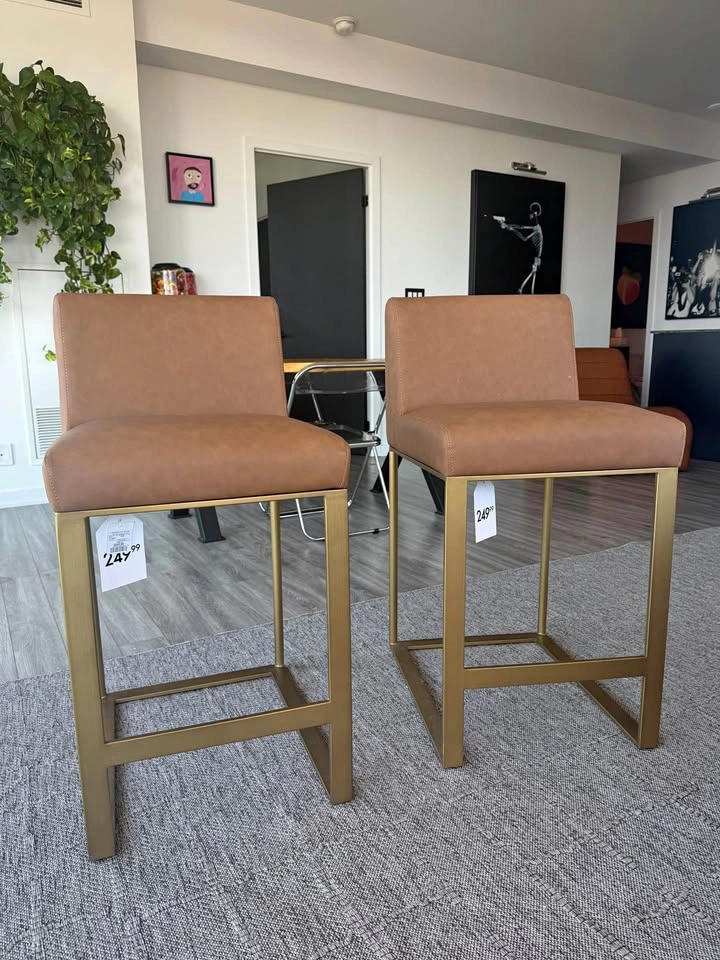 (SET OF 2 - BRAND NEW) Caramel Leather Bar Dining Chairs