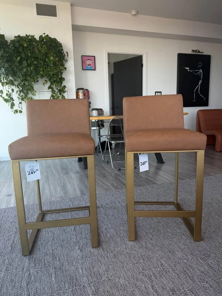 (SET OF 2 - BRAND NEW) Caramel Leather Bar Dining Chairs - photo 2