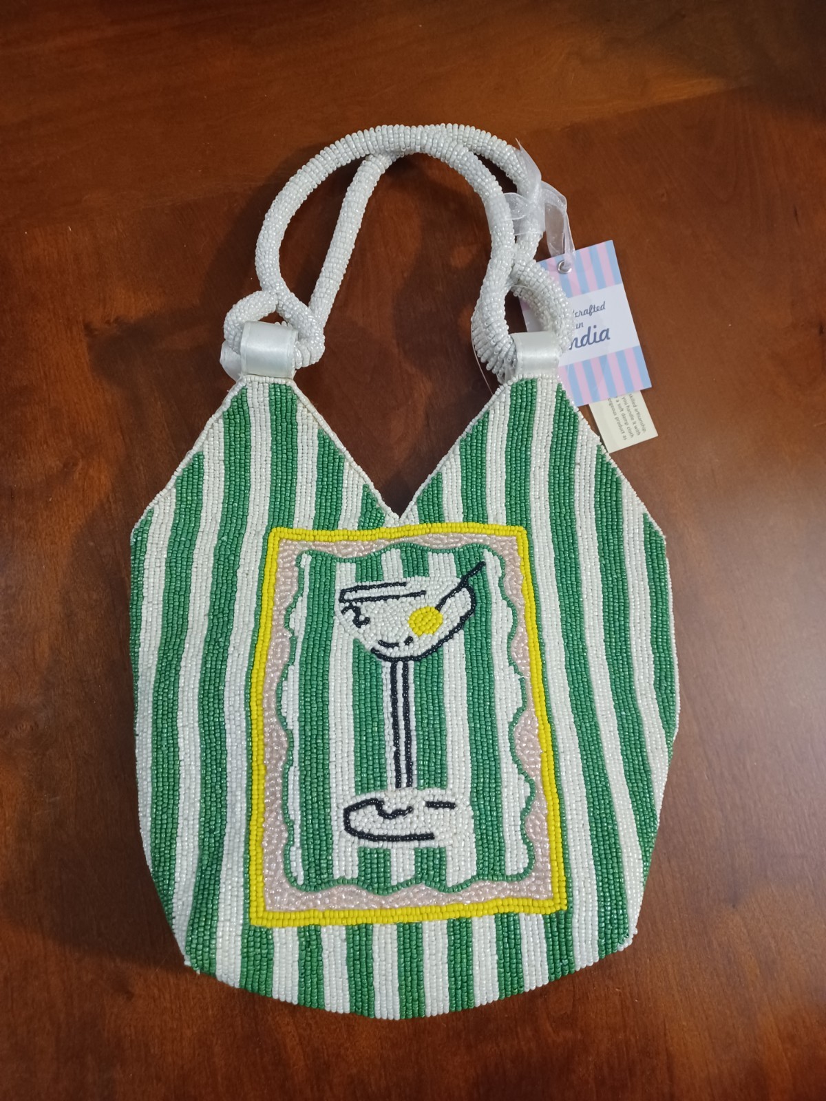 Handcrafted in India Martini Beaded Bag Green & White Striped