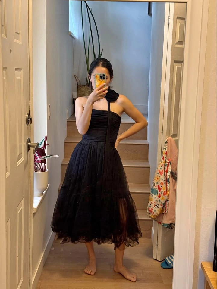 Black Tulle Midi Dress with Floral Neck Detail Tank Set
