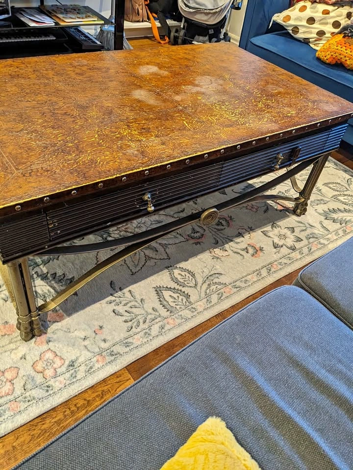 Vintage Style Leather Top Coffee Table with Brass Base