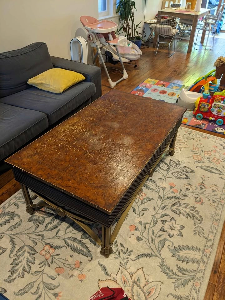 Vintage Style Leather Top Coffee Table with Brass Base - photo 2