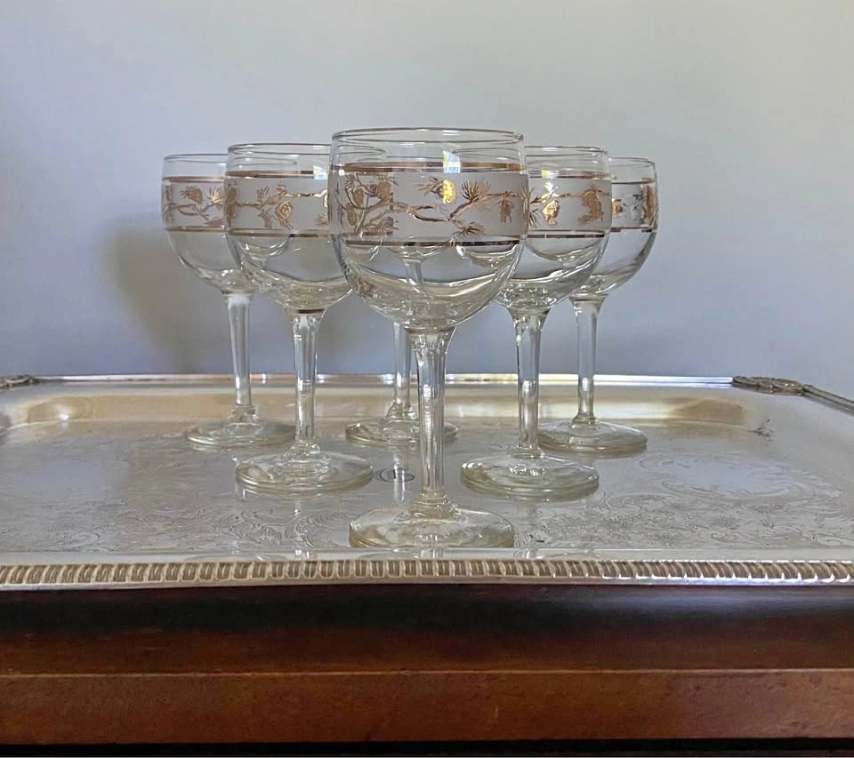 Set of 6 Vintage Libbey Golden Pinecone Stemware Wine Glasses