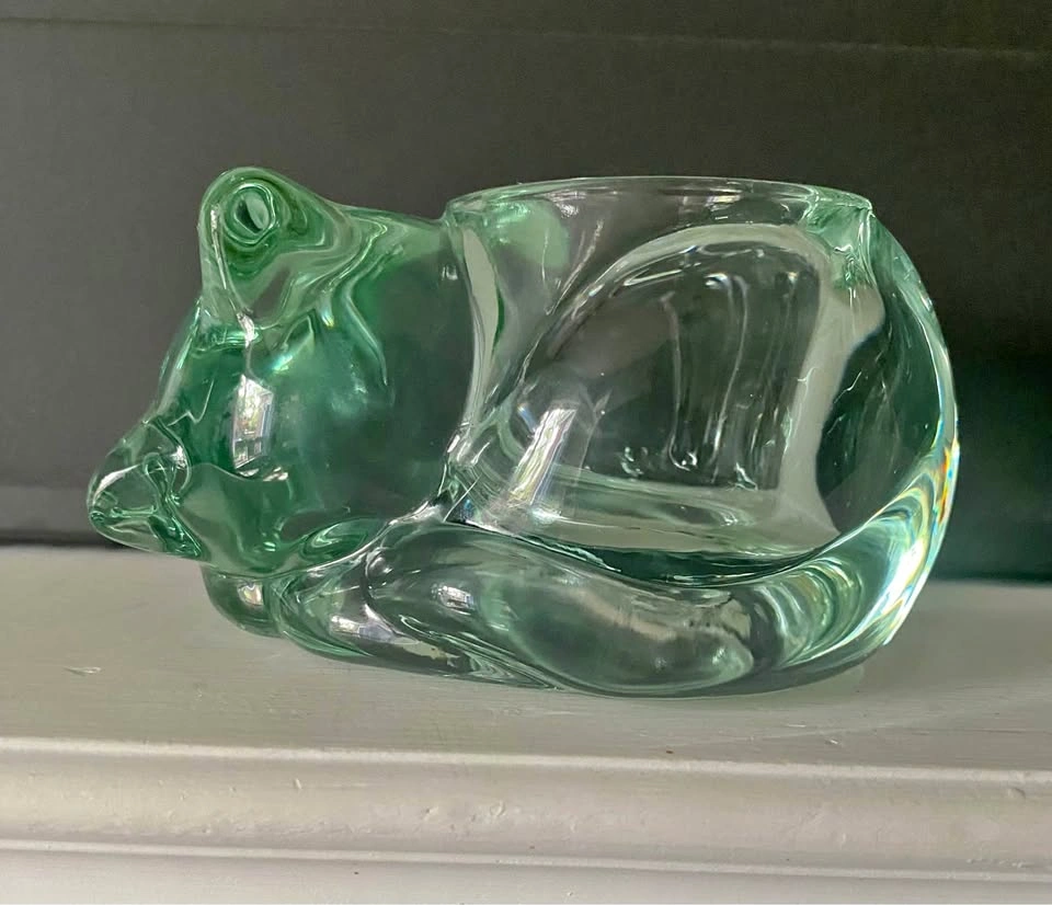 Green Glass Sleeping Cat Votive Candle Holder