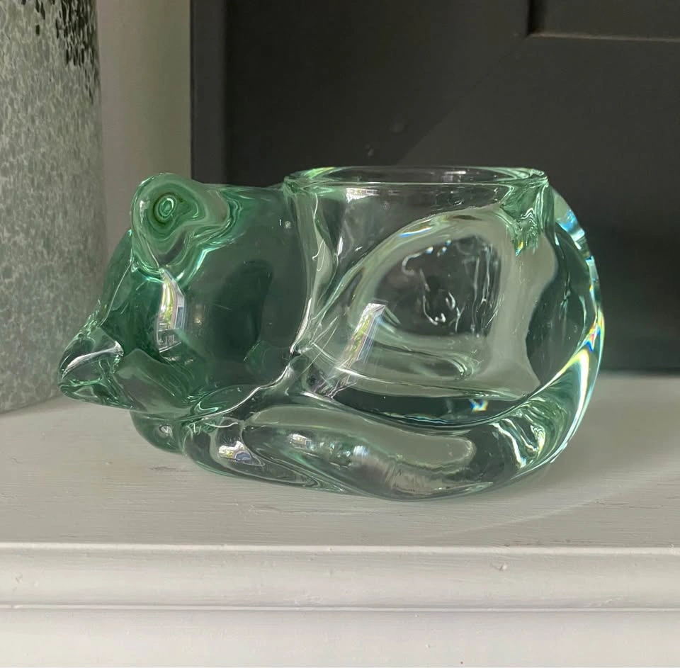 Green Glass Sleeping Cat Votive Candle Holder - photo 3