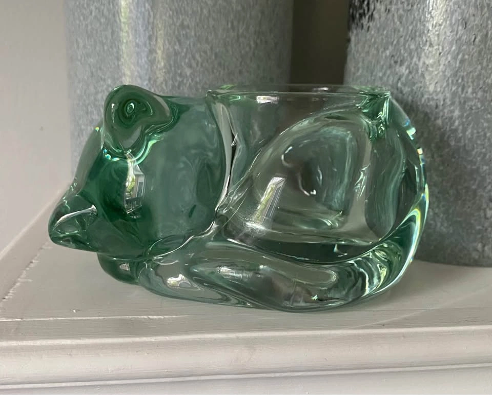 Green Glass Sleeping Cat Votive Candle Holder - photo 4