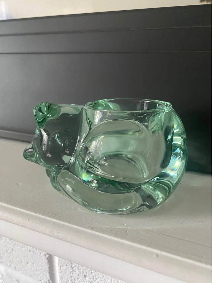 Green Glass Sleeping Cat Votive Candle Holder - photo 5