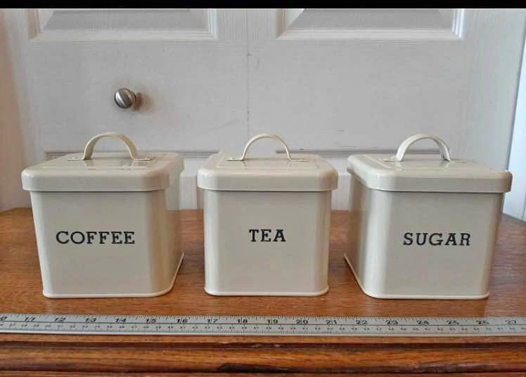 Set of 3 Cream Metal Coffee, Tea, and Sugar Canister