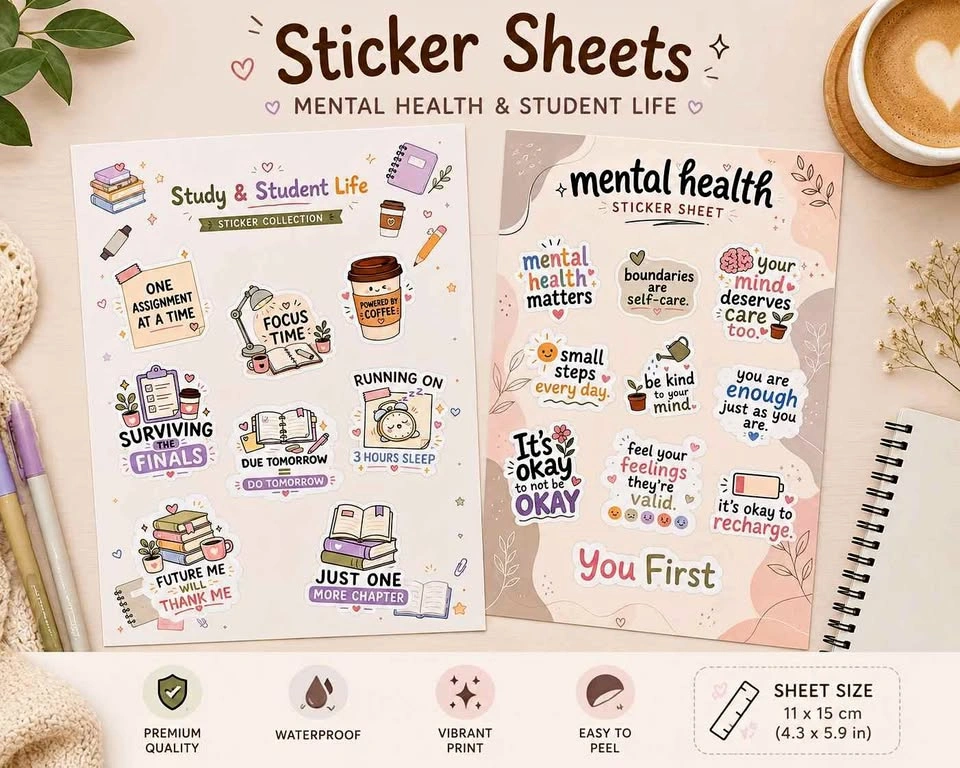 Mental Health & Student Life Sticker Sheets – Set of 2
