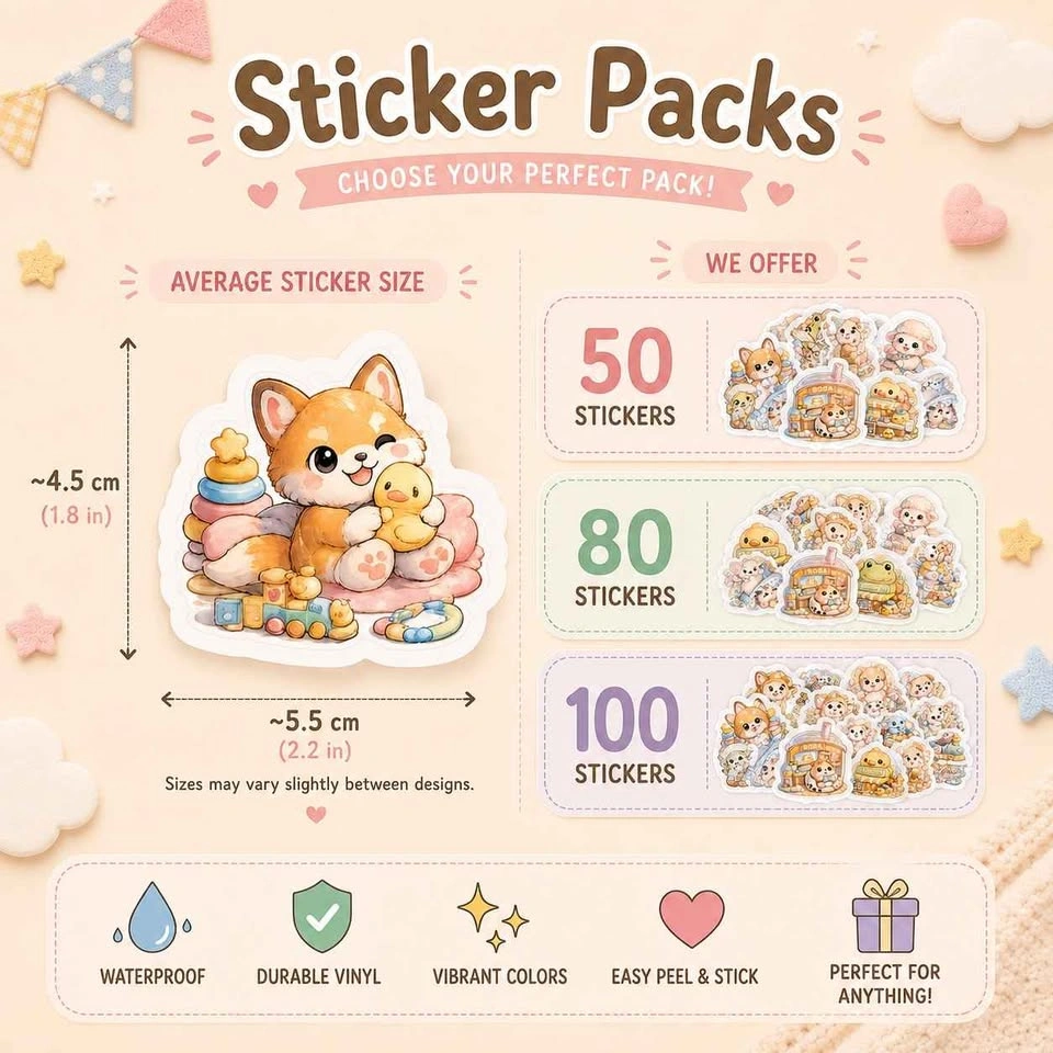 Cute Baby Animal Sticker Pack (Kawaii Waterproof Vinyl Stickers) - photo 2