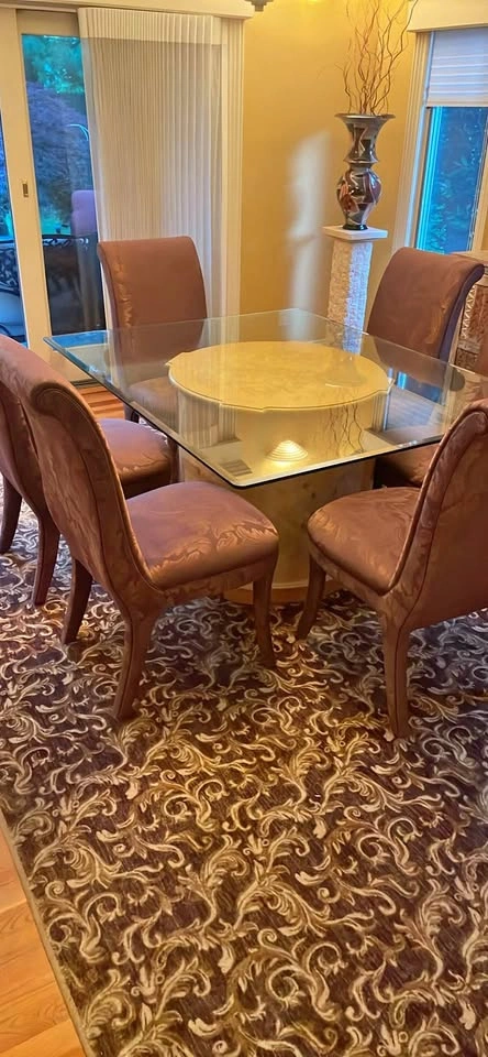 Glass Top Dining Table with Burl Wood Base and 6 Chairs