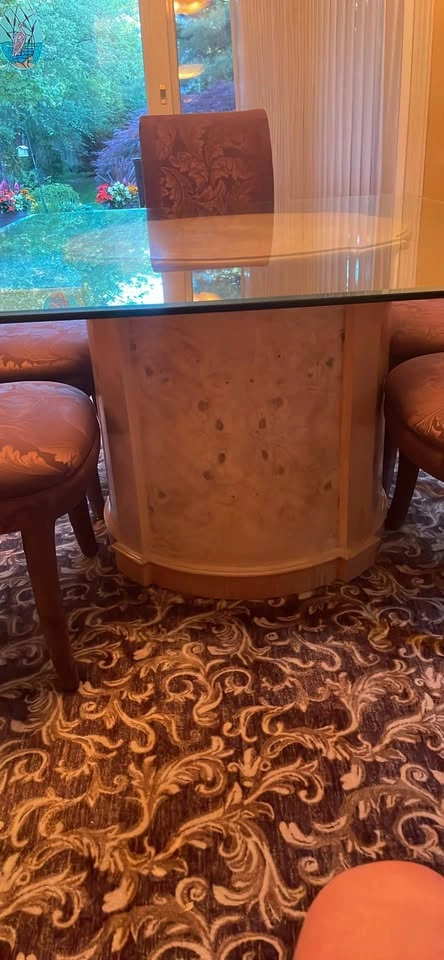 Glass Top Dining Table with Burl Wood Base and 6 Chairs - photo 4