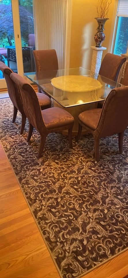 Glass Top Dining Table with Burl Wood Base and 6 Chairs - photo 5