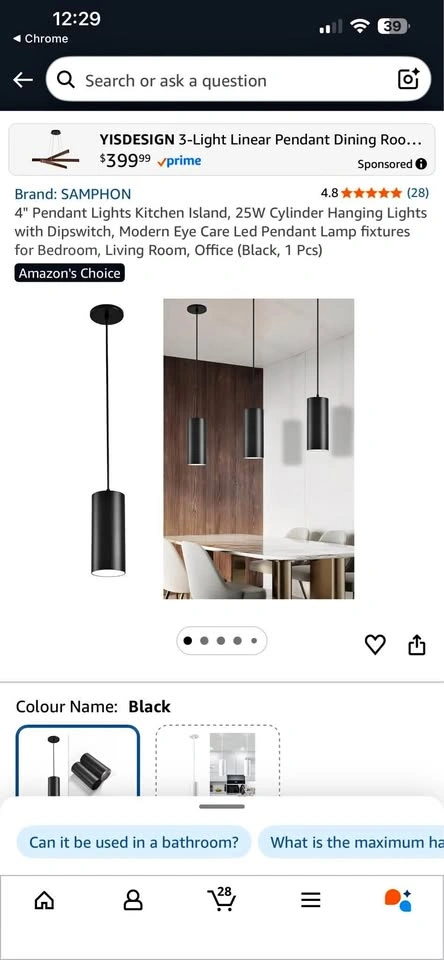 1pc - 4" Pendant Lights Kitchen Island, 25W Cylinder