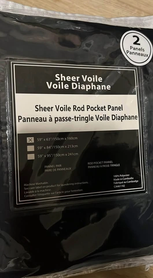 New 59”x63” or 59”x83” BLACK Sheer Voile 2 panel curtain - photo 3