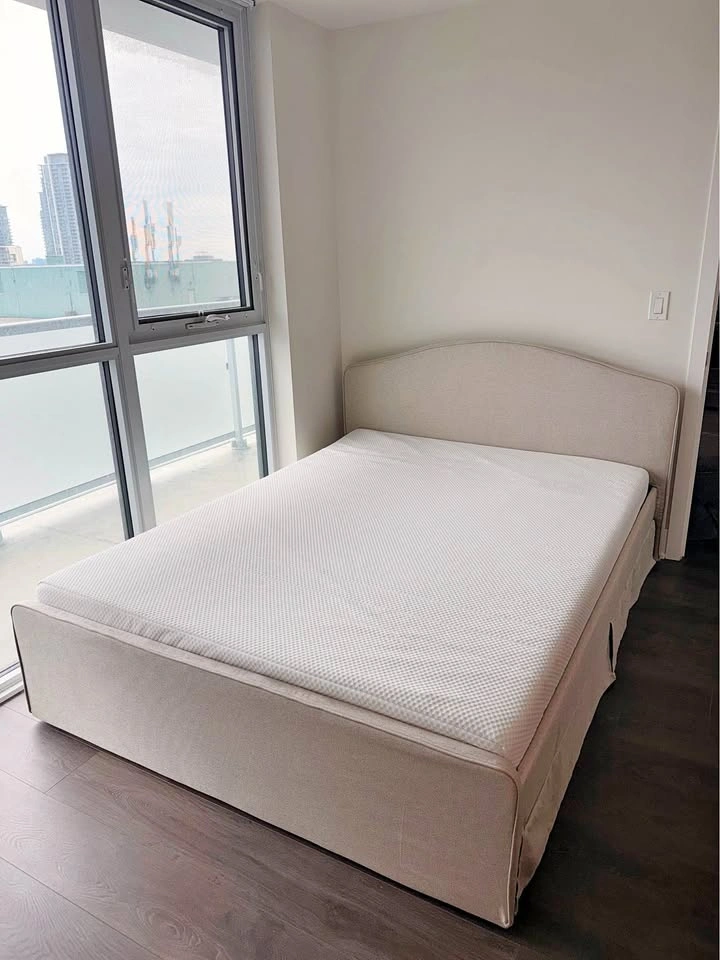 Queen Size Mattress + Beige Upholstered Bed Frame