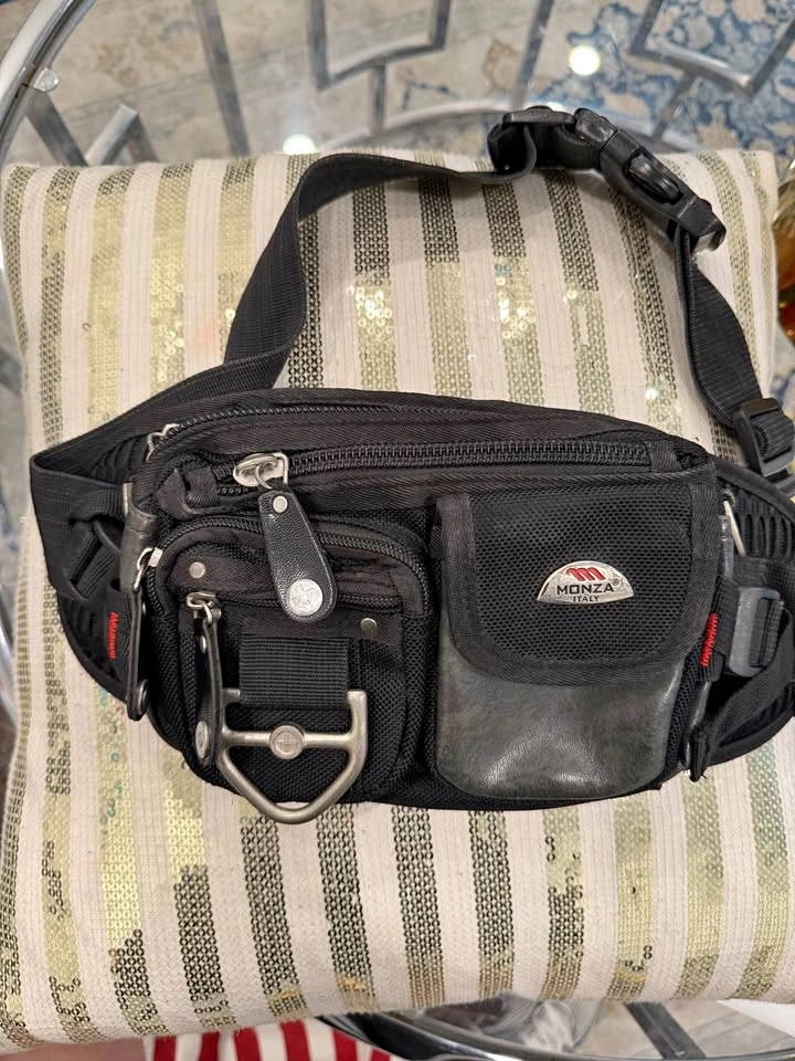 Monza Italy multi-pocket black nylon waist bag
