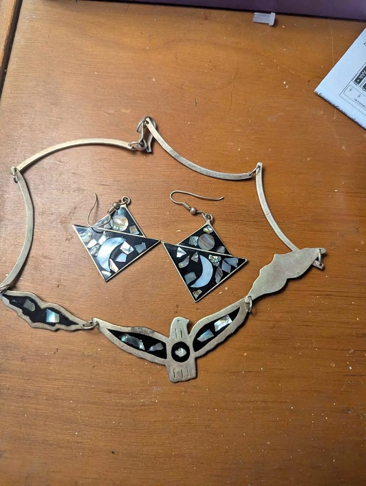 Vintage Silver Bird Necklace and Earring Set with Abalone Inlay