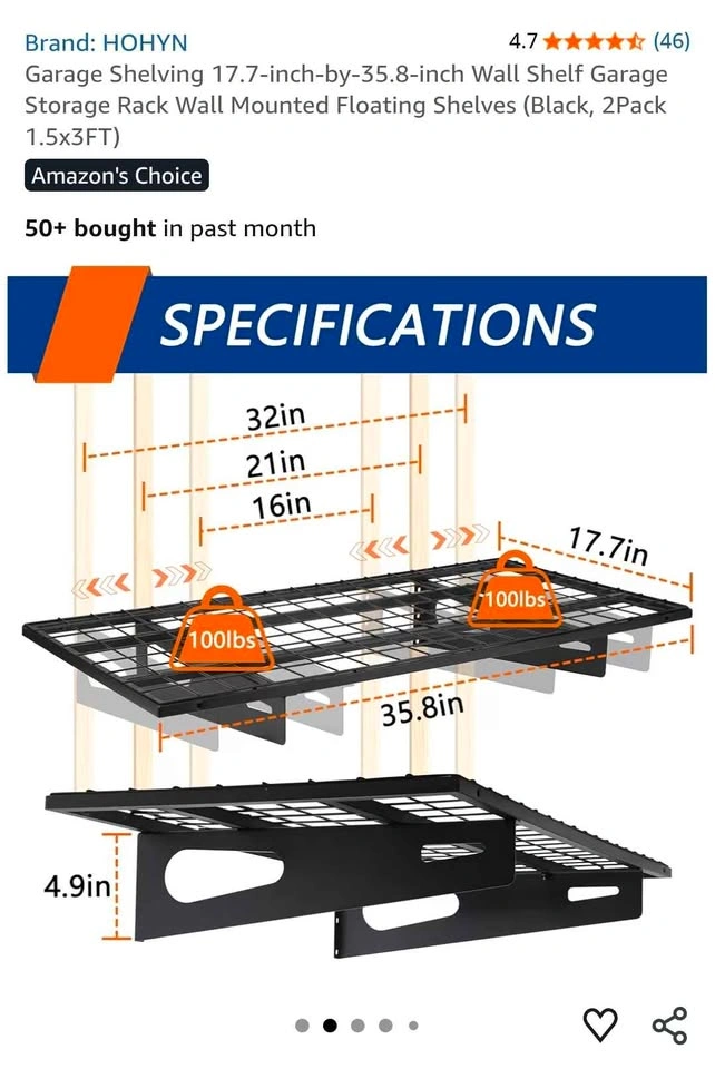HOHYN Garage Shelving Wall Mounted Storage Rack 2-pack 36"x18" - photo 4