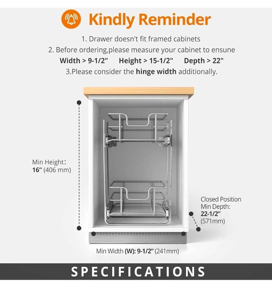 ZOINLIY Pull Out Cabinet Organizer, 2-Tier Chrome 9"x22" - photo 5