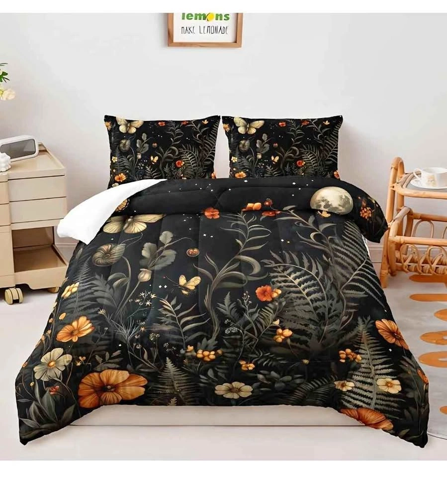 AILONEN Full size Black Floral Butterfly Comforter Set 3 Pcs
