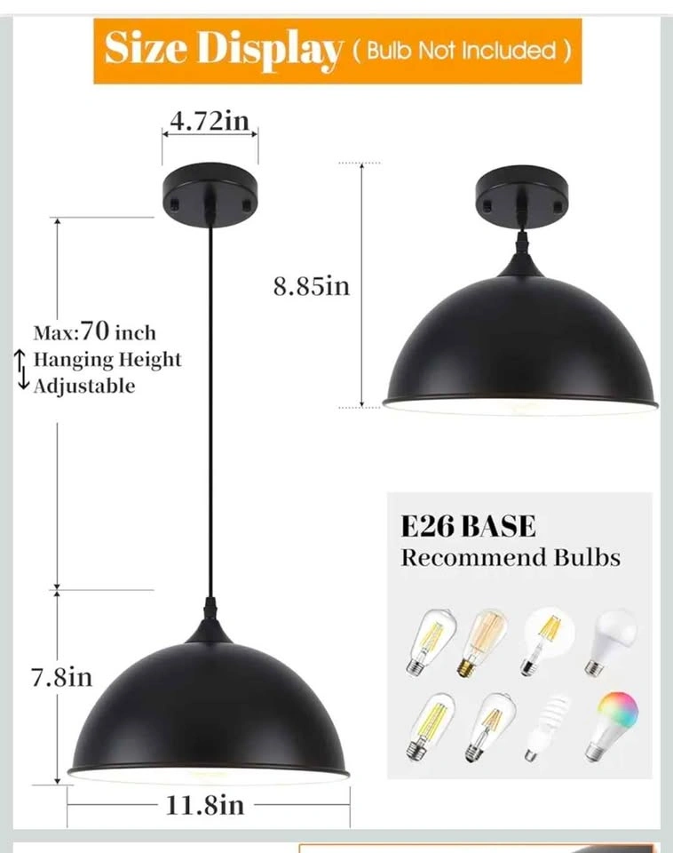 PINDODO Black Dome Pendant Lights 11.8 inch, 2 Pack - photo 3