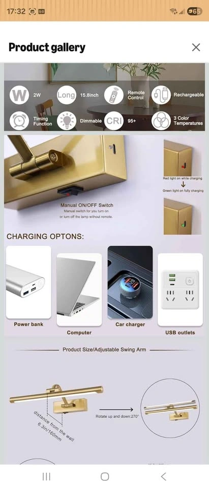 yumcrelect 16 inch Wireless Picture Light Brass (2 available) - photo 4