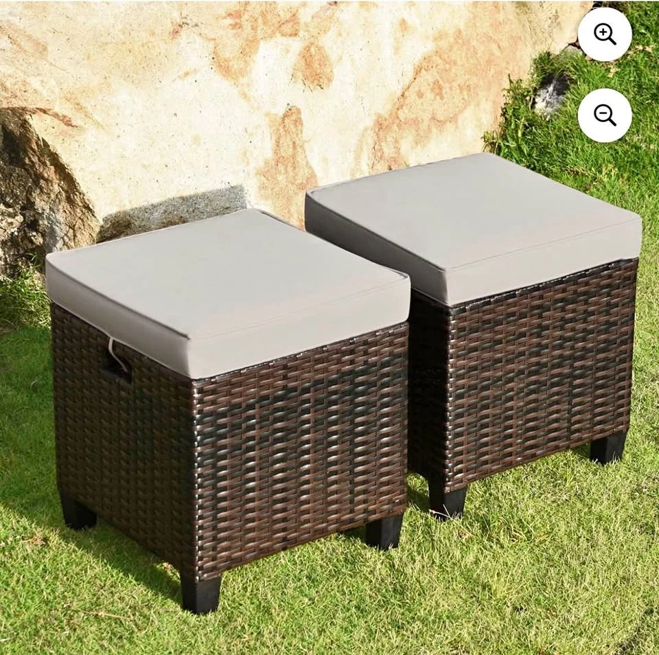 NEW Gymax Set of 2 Outdoor Patio Rattan Ottomans w/ Cushions