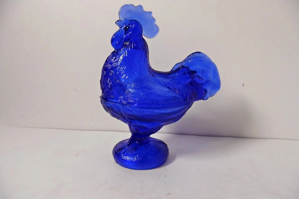 Cobalt Blue Glass Depression Style Rooster Chicken Candy Dish