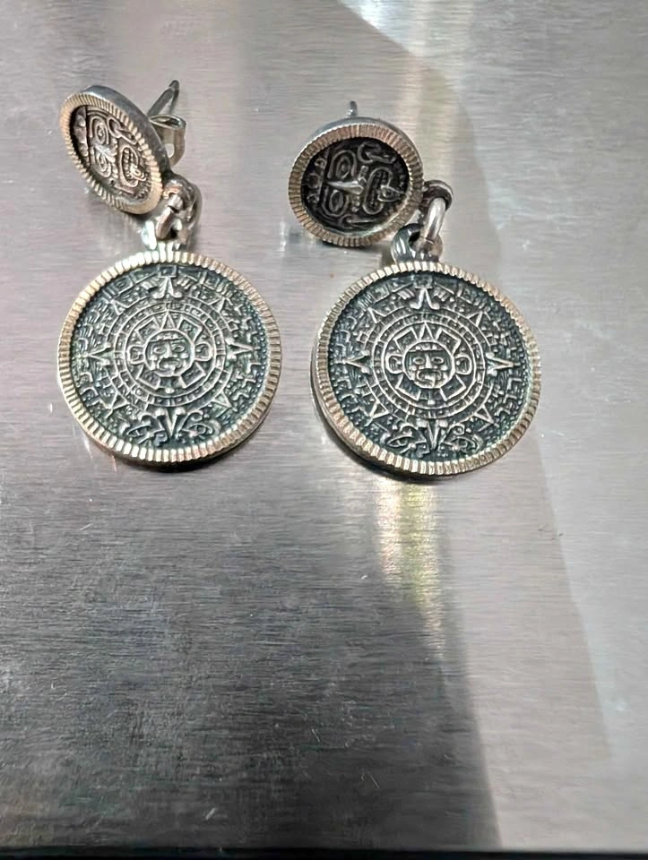 Vintage Mexican Sterling Silver Aztec Calendar Dangle Earrings