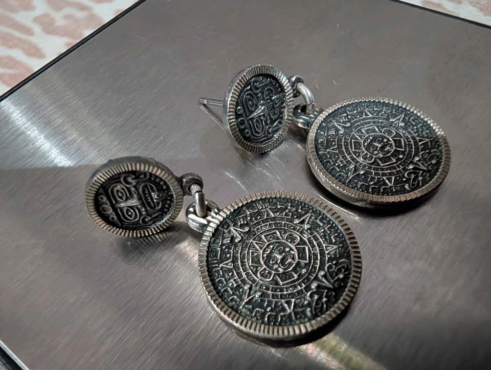 Vintage Mexican Sterling Silver Aztec Calendar Dangle Earrings - photo 3