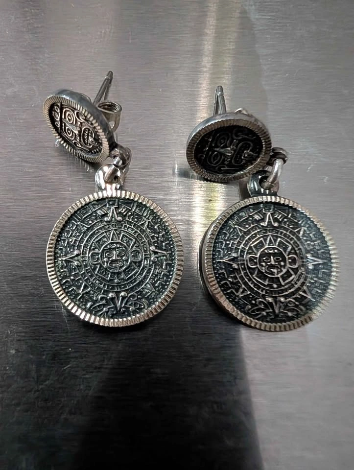 Vintage Mexican Sterling Silver Aztec Calendar Dangle Earrings - photo 4