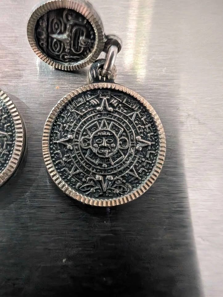 Vintage Mexican Sterling Silver Aztec Calendar Dangle Earrings - photo 5