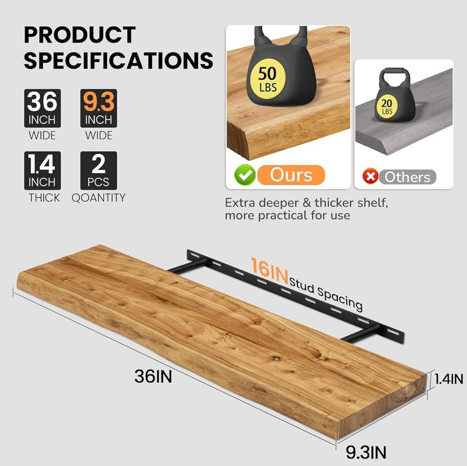 Set of 2 Live Edge Wood Floating Shelves - 36x9.3x1.4 Inch - photo 3
