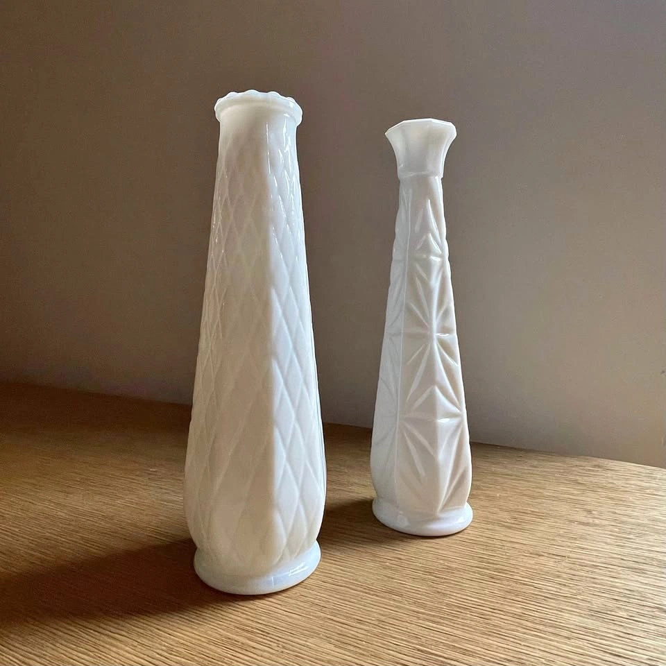 Set of 2 Vintage White Hoosier Milk Glass Bud Vases
