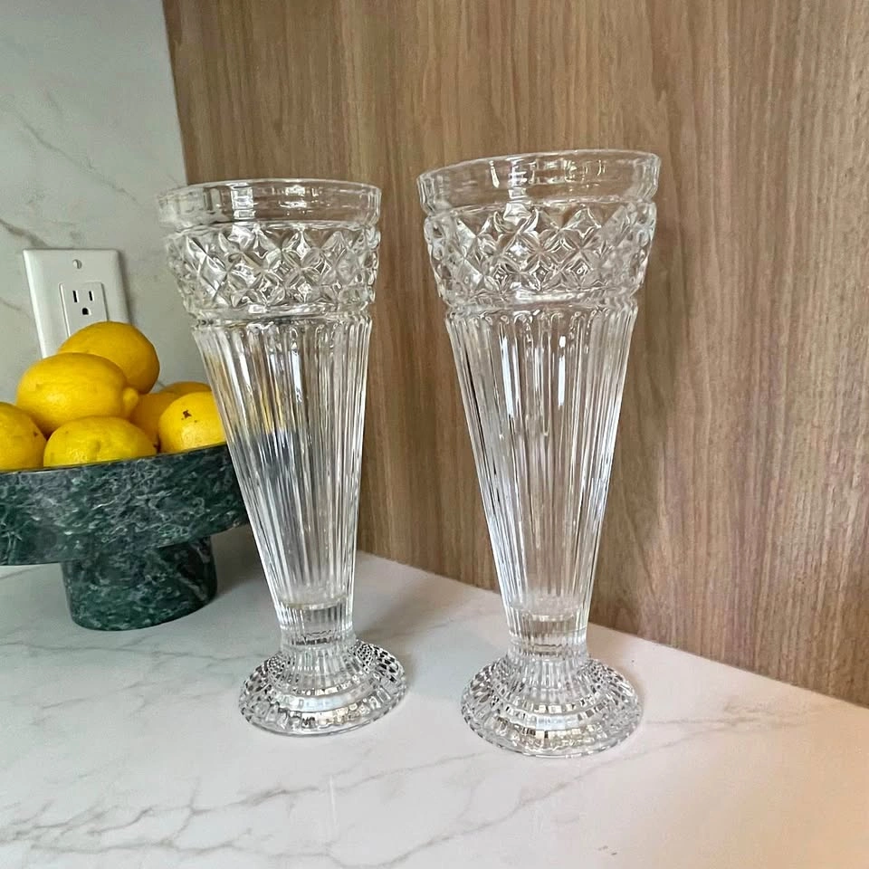 Pair clear crystal glass vases / candlestick holders