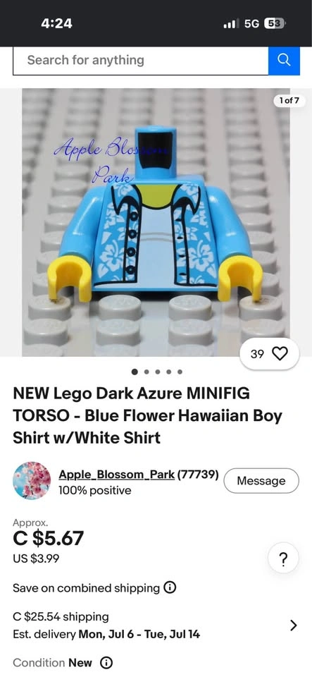 NEW Lego Dark Azure MINIFIG TORSO - Blue Flower Hawaiian Boy Shi - photo 2