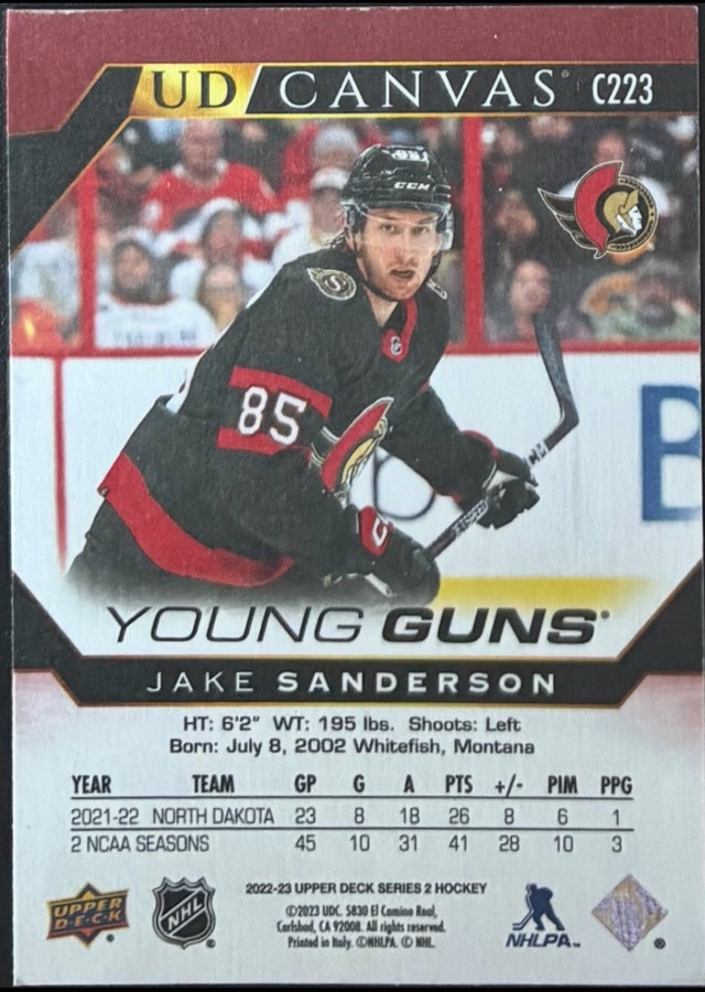 JAKE SANDERSON YG Canvas (SP) Upper Deck 21-22 Series 2 - photo 2